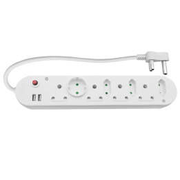 Multi Plug 4x16A 4x5A 2xUSB 0.5m Cord White