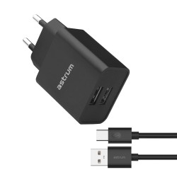 Pro Dual USB U24 12W 2.4A Wall Fast Travel Charger + Type-C Cable – Black