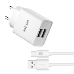 Pro Dual USB U24 12W 2.4A Wall Fast Travel Charger + Type-C Cable – White