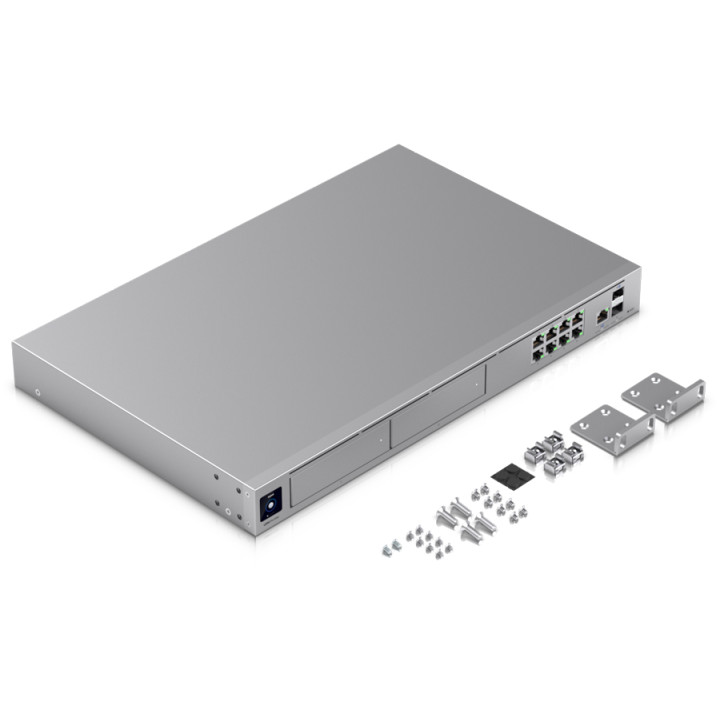 Ubiquiti rack-mount Cloud Gateway with 10 Gbps performance, multi-WAN load balancing, and two NVR drive bays designed for large-